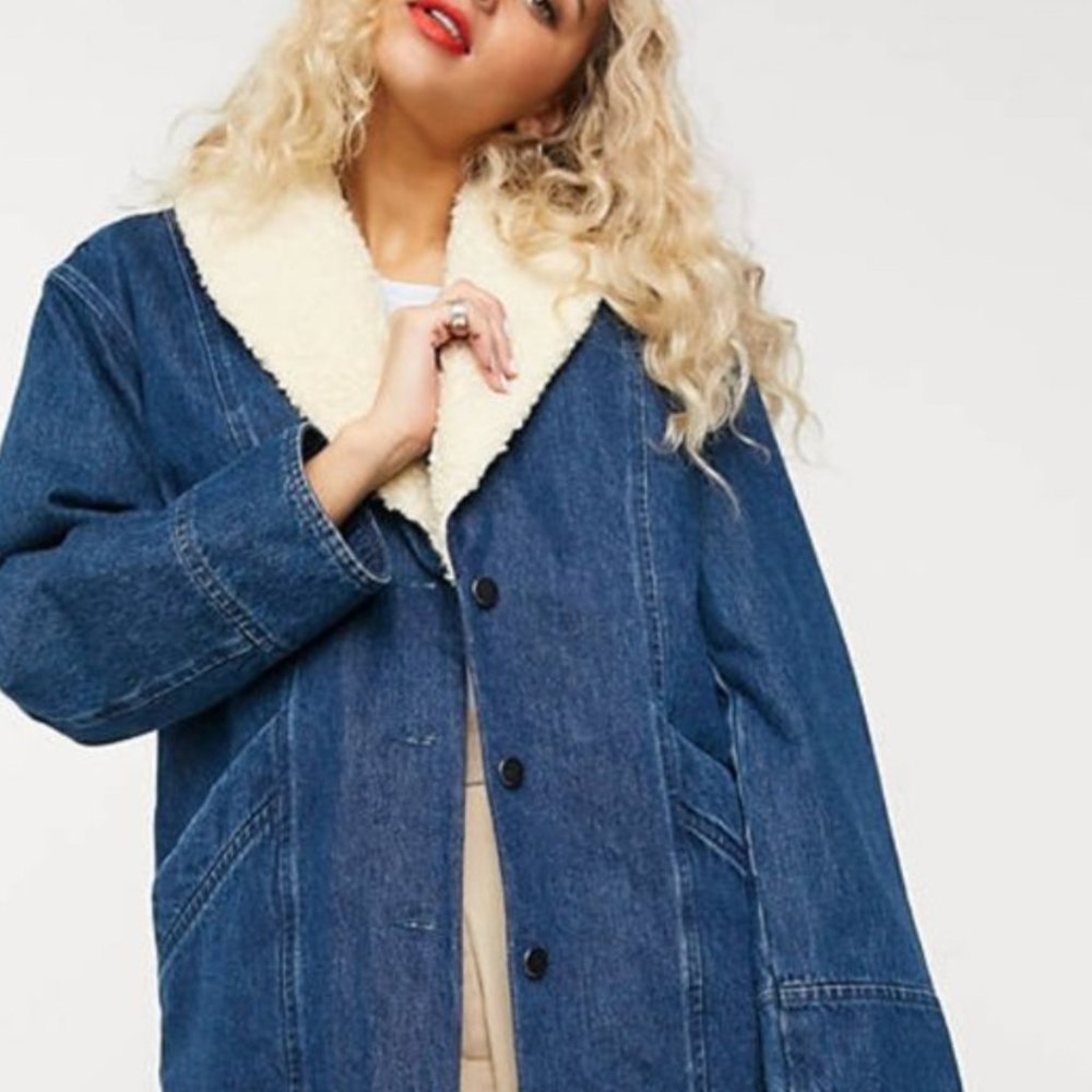 & Other Stories denim faux shearling trim overcoat in blue
